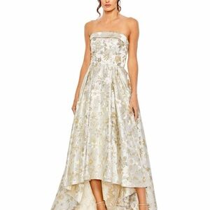 Elegant Strapless Gold and Cream High/Low Brocade Dress